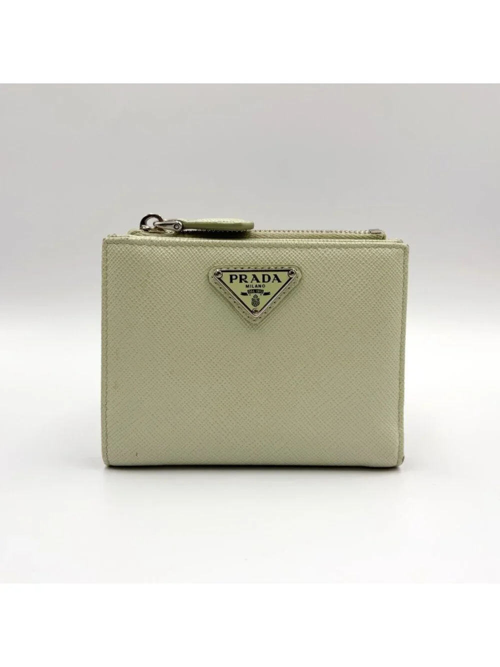 Prada Saffiano Wallet Leather Light Green Triang Silver